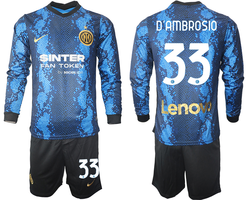 Men 2021-2022 Club Inter Milan home blue Long Sleeve #33 Soccer Jersey